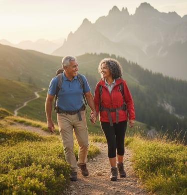 Una pareja de ancianos que consume VIOKAL, subiendo con confianza una montaña sin bastones.