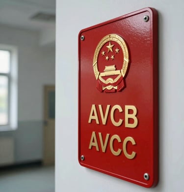 Detail shot of a red AVCB compliance plaque mounted on a white wall in an institutional corridor, cool natural light from the left, sharp focus on the official seal and text