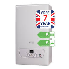 White Baxi combi boiler with 7 year warranty and A-rated energy efficiency labels.