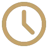 A gold circular clock icon with hands showing three o'clock on a black background.