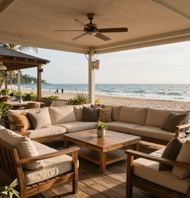 A rustic wooden dining table set under a pergola with soft cushions and potted plants.