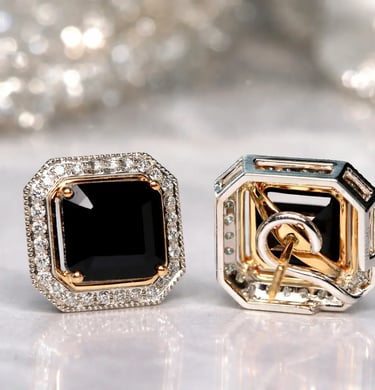 black spinel diamond double halo convertible earrings in 18k rose and white gold