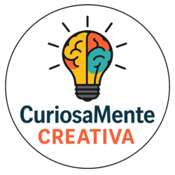 Logo de la tienda CuriosaMente Creativa /Bombilla con Cerebro de colores y un borde circular