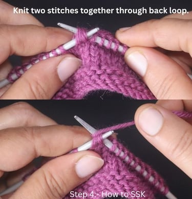 Hands knitting two stitches together through the back loop for the SSK knitting method.