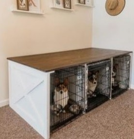 Custom wooden double dog kennel furniture with Corgis inside a white barn door style crate table.