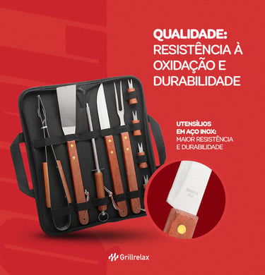 Kit Churrasco 10 Peças Completo Aço e cabo de madeira 