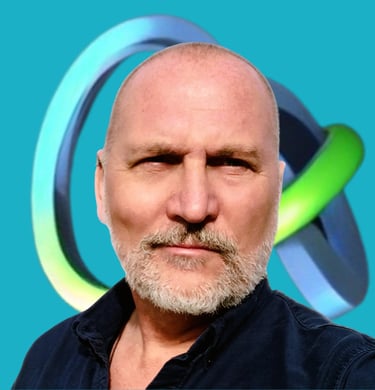 Vlad Hunter Lodzinski, Stelarator CEO against it's logo background, a determined looking exec