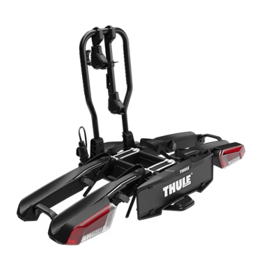 Thule towbar mounted bike rack with quick-release design for two bicycles.