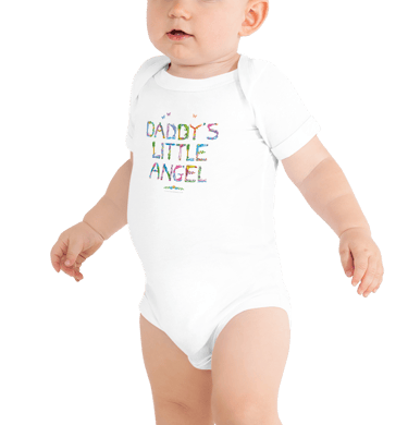 An all in one baby bodysuit with the words Daddys Little Angel printed on in tropical exotic wordart