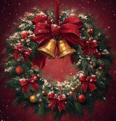 Couronne de Noël ou de Yule avec du sapin des noeuds rouges et des cloches de sorcières