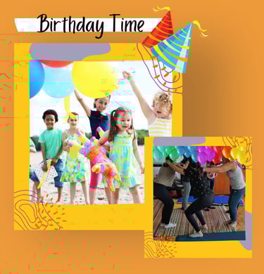 Two images of a group of children and teens at a party, outdoors with balloons and in a yoga circle.
