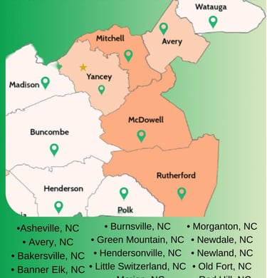 Service area map for Jack's Locksmith showing Western North Carolina counties and towns served