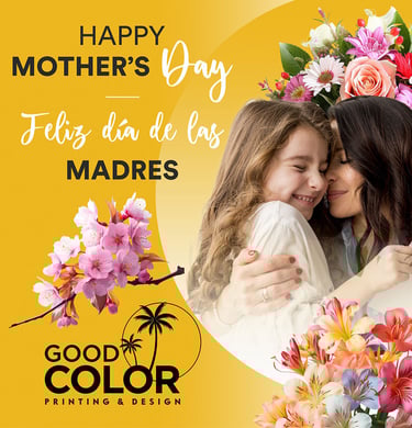 Madre abrazando a su hija sobre fondo amarillo y flores