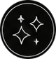 Minimalist white sparkle icon with three stars inside a circle on a black background.