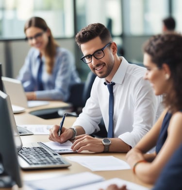 Payroll specialist processing payments on a computer with focused attention.