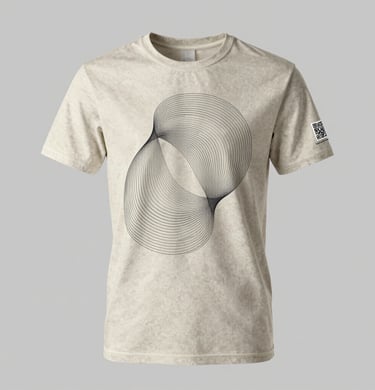 Beige graphic t-shirt featuring a black geometric line art design on a textured cotton fabric.