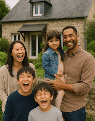 A mixed family, with their sons and daughter in front of their french house