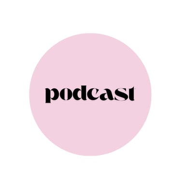 light pink circle with the word podcast