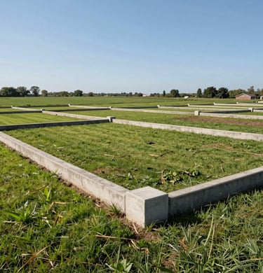 A neatly demarcated residential land plot with concrete boundary markers, green fields in the background, clear blue sky