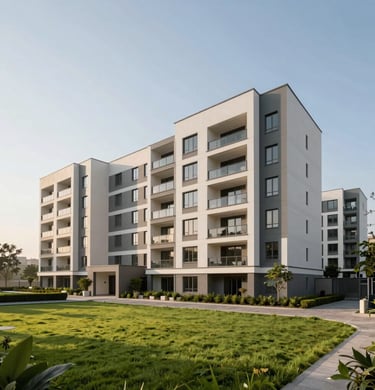 Modern low-rise residential apartment complex in Greater Noida, clean lines, manicured lawns, natural afternoon daylight