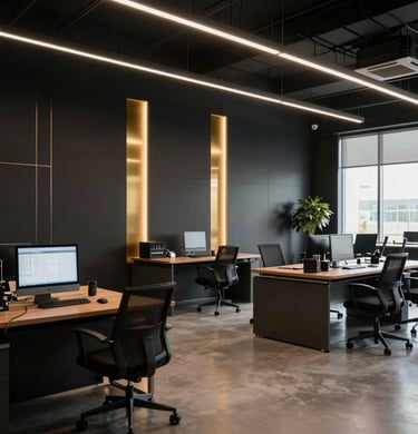 A wide shot of a modern, high-end film production office, dark walls with gold architectural accents, professional and creative atmosphere, Global / Western.