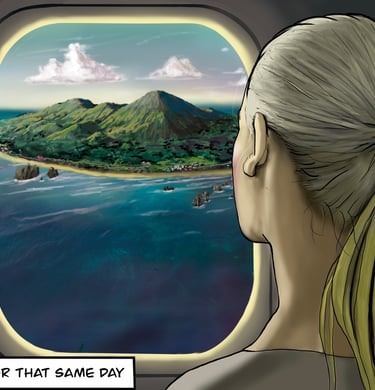 A blonde woman looks out an airplane window at a lush tropical island with green mountains and blue ocean.