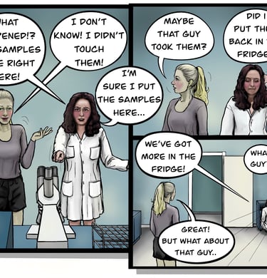 A comic strip showing scientists in a lab panicked over missing research samples.