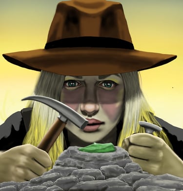 A blonde female archaeologist wearing a brown fedora hat uses a hammer to extract a green gemstone from rock.