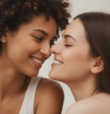 A close-up of a happy couple sharing a gentle moment together.