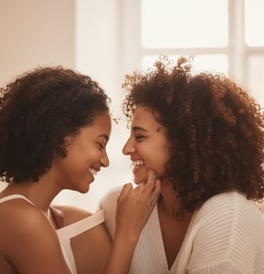 Two people sharing a joyful, affectionate moment indoors.