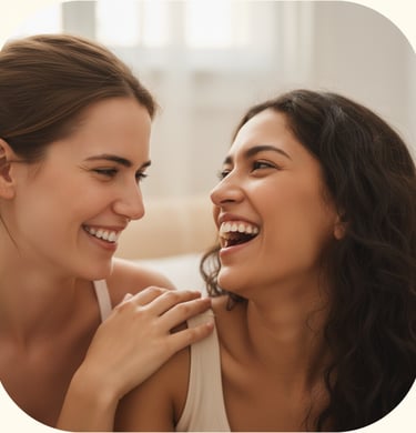 Two women laughing together in a warm, intimate candid shot.
