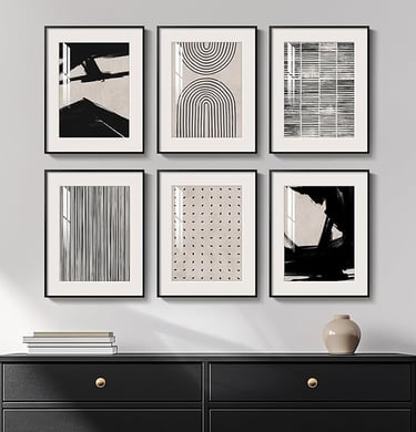 Black and white abstract wall art set, modern dining room decor prints.