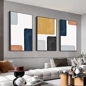 Modern abstract wall art set for living room, 3-piece boho framed prints.