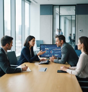 A professional corporate training room with bright natural office daylight, executives collaborating over digital dashboards, shallow depth of field, 35mm