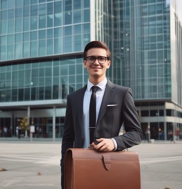 a man riding a skateboard down a street next to tall buildings