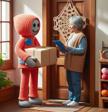 a woman in a knitted sweater and a knitted robot