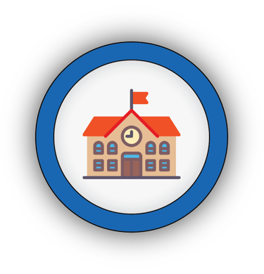 Icon of a school building with a STEM.org accreditation seal of educational excellence.