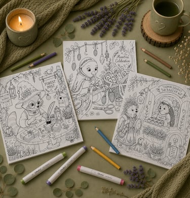 interior pages of whimsical woodland magic coloring book, showing a raccoon witch, a shaman badger