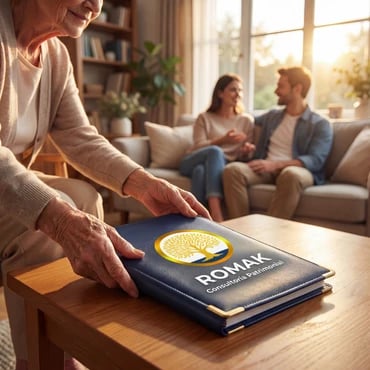 Señora con carpeta ROMAK y familia feliz: Protege tu herencia de malos trámites.