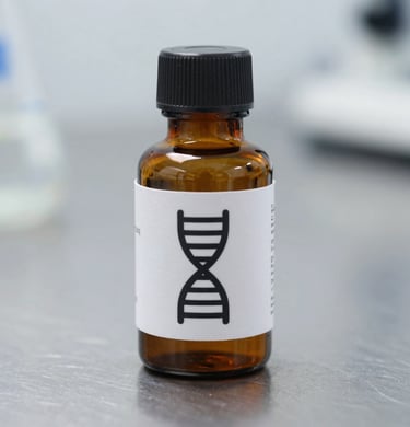 Amber glass research vial with a clean technical label showing a precise DNA-helix icon, resting on a sterile metal laboratory surface, sharp focus.