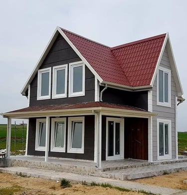 a house with a red roof and a red roof