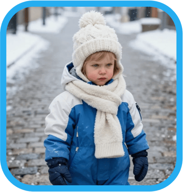 a young child wearing full outdoor clothes making a mean face