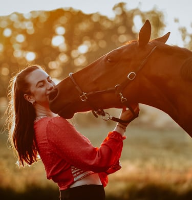 Een dame met een paard met zonsondergang