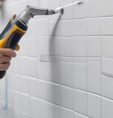 Close-up of a professional applying silicone sealant neatly along a bathroom tile joint with a caulk