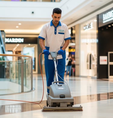 Agent de nettoyage utilisant une monobrosse pour nettoyer le sol dans un centre commercial