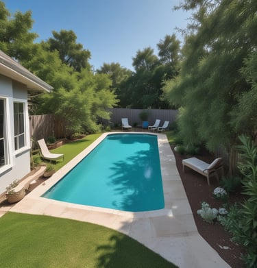A newly installed modern pool with elegant tile work and ambient lighting at dusk.