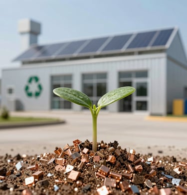Close-up of shiny copper pieces after recycling, ready for reuse in manufacturing.