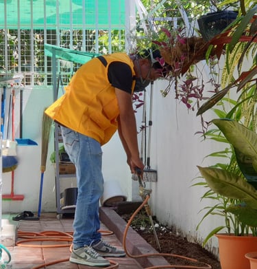 Professional pest control worker in a yellow vest spraying soil for termite treatment in a garden.
