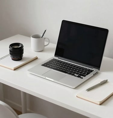 A minimalist and organized creative desk with a high-end laptop, notebook, and soft mist white decor.