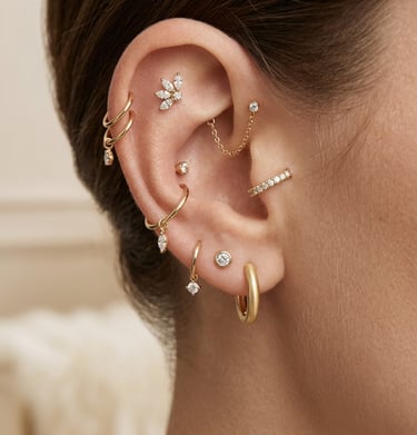 אוזן מעוצבת בסגנון יוקרתי עם עגילי חישוק מזהב ויהלומים לשילוב מספר פירסינגים